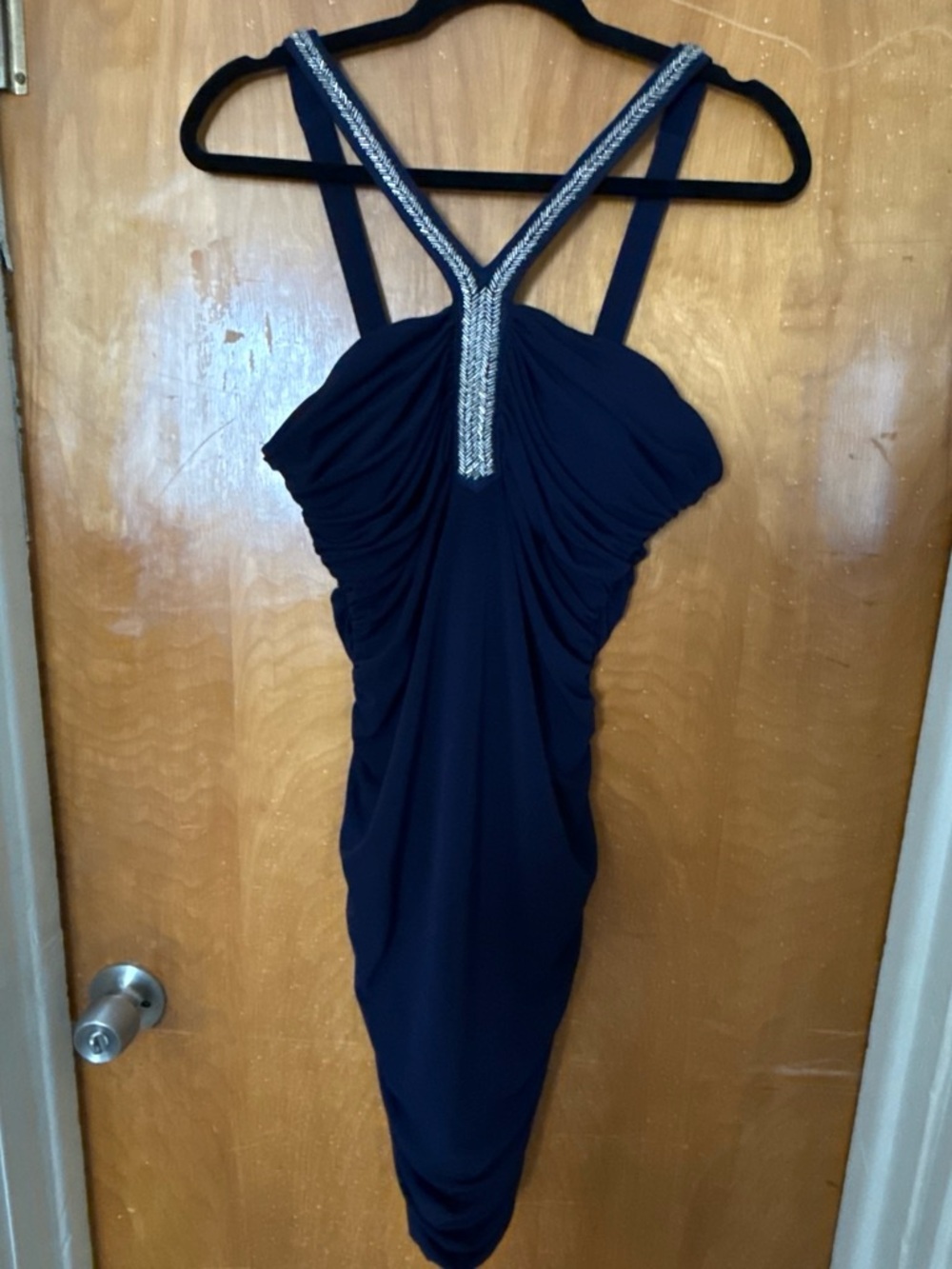 BONGO Navy One-Shoulder Ruched Dress with Beaded Straps